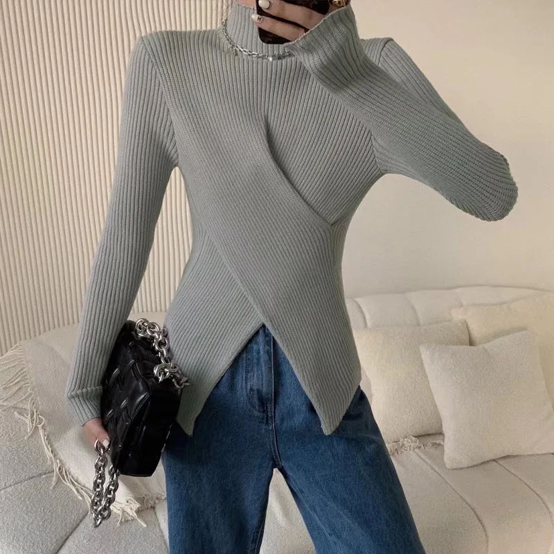 Crriflz Half Turtleneck Knitted Bottoming Top For Women Autumn Winter Slimming Niche Hem Slit Sweater Pullover