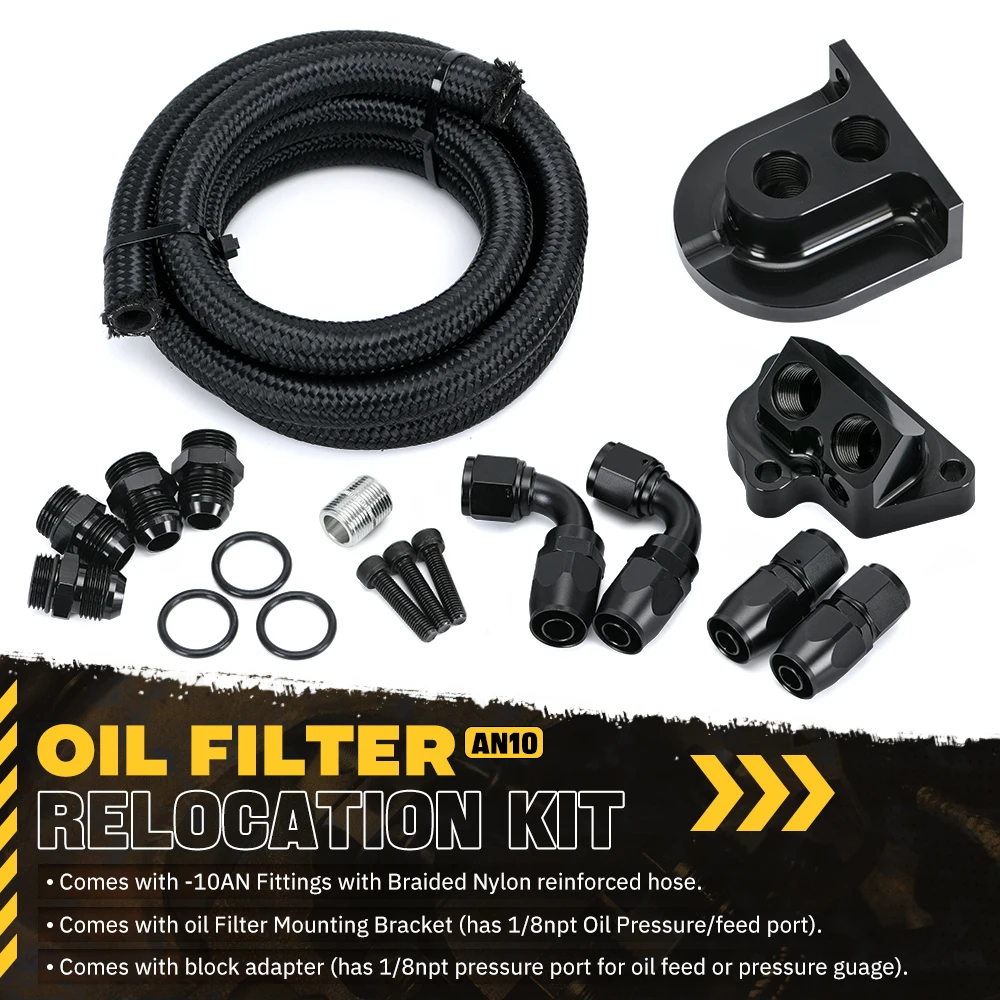 Oil Filter Relocation Kit For 2011-23 Ford 5.0 / 5.2 V8 Mustang F150/GT 10AN Stainless Steel Braided Hose Mounting Bracket Black