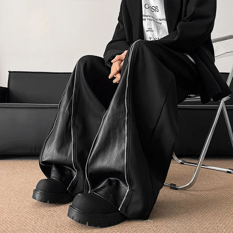 

Patchwork Wide Leg Pants trousers PU Zipper Hip Hop unisex Fashion Harajuku High Street trend Loose Pants Ropa Hombre JJ484