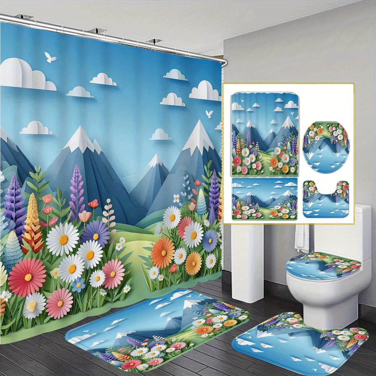 

Занавеска для душа с 3D цветочным принтом, полиэстер, в комплект входит 4 комплекта, нескользящий коврик для ванной, U-образное сиденье для унитаза и 12 крючков