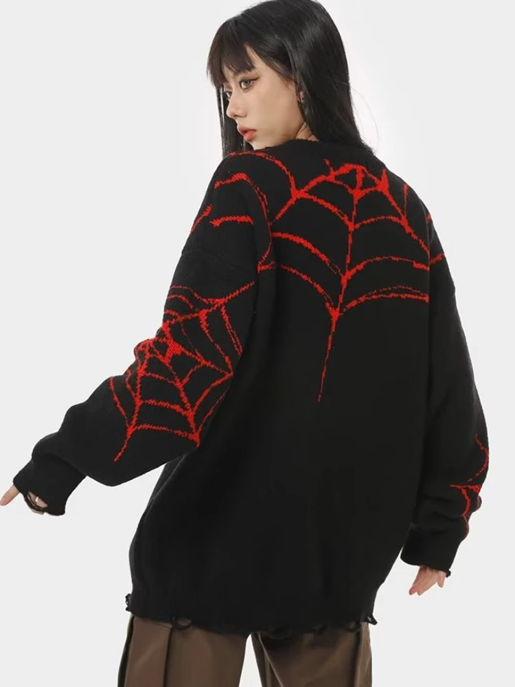 Sweaters Women Autumn O-neck Spider Print Contrast Color Hotsweet Ladies Knitwear American Retro High Street All-match Pullovers