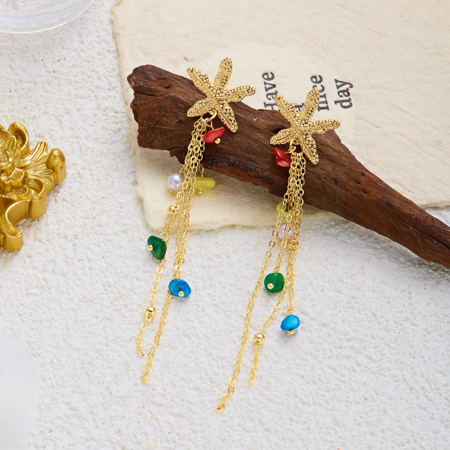 Böhmische Seestern-Muschel Lange Quasten-Ohrringe für Frauen Bunte Kiesel-Imitationsperlen Tropfen-Ohrringe Urlaub Party Schmuck – Detail 6