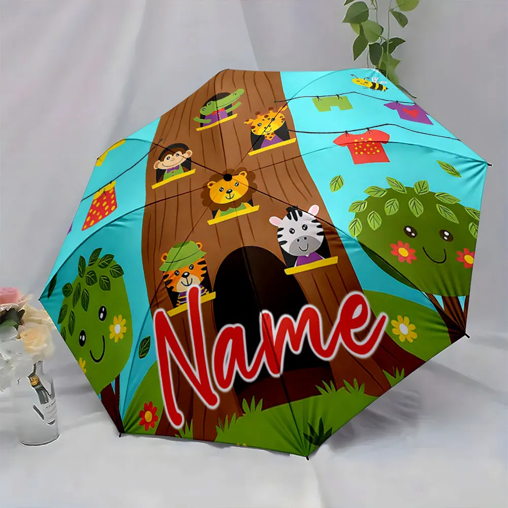 Custom Name Colorful Animals and Nature-Themed Kids Umbrella Print 8 Iron Ribs Folding Umbrella Auto-Open Fashion Sunshade