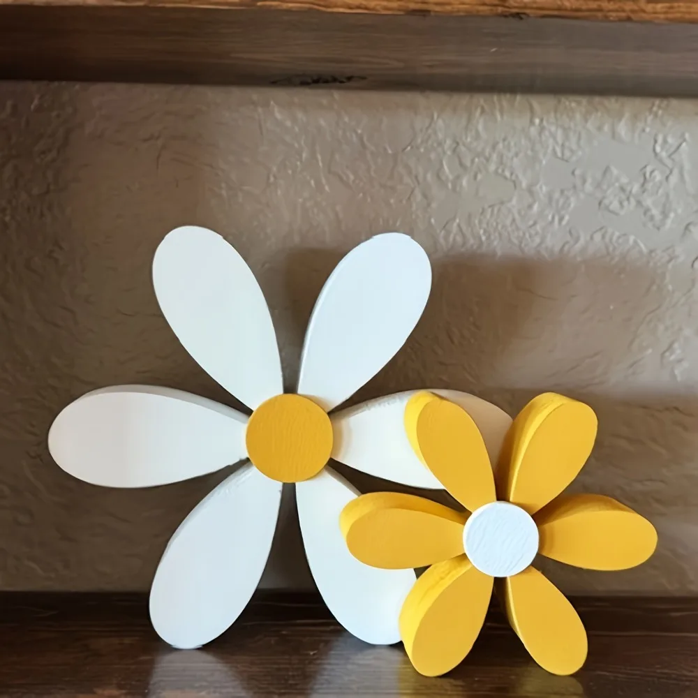 2Pcs Set Wooden Daisy Decor Mini Flower Ornament for Spring Summer Home Living Room Bedroom Shelf Fireplace Mantel Decor