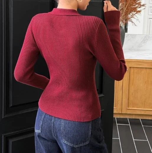 

2025 Leisure Vacation Solid Color Button Long Sleeved Sweater Autumn Lapel Women Solid Color Slim Fit Waist Button Knit Sweater