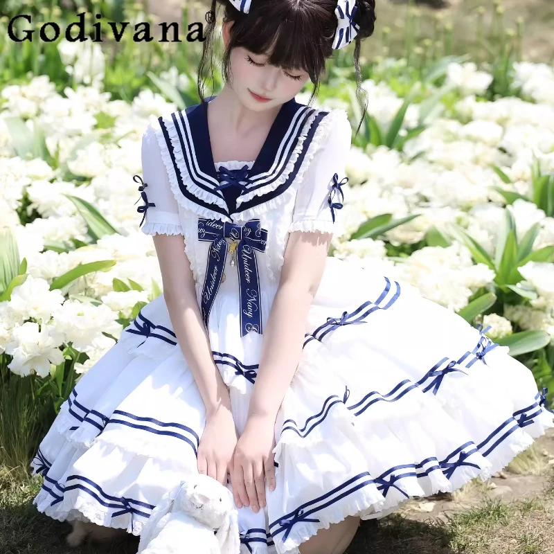 

White Sweet Navy Style Lolita Dress for Girls Street Wear OP Cute Princess Lolita Dress Women's Long Sleeve Party Dress