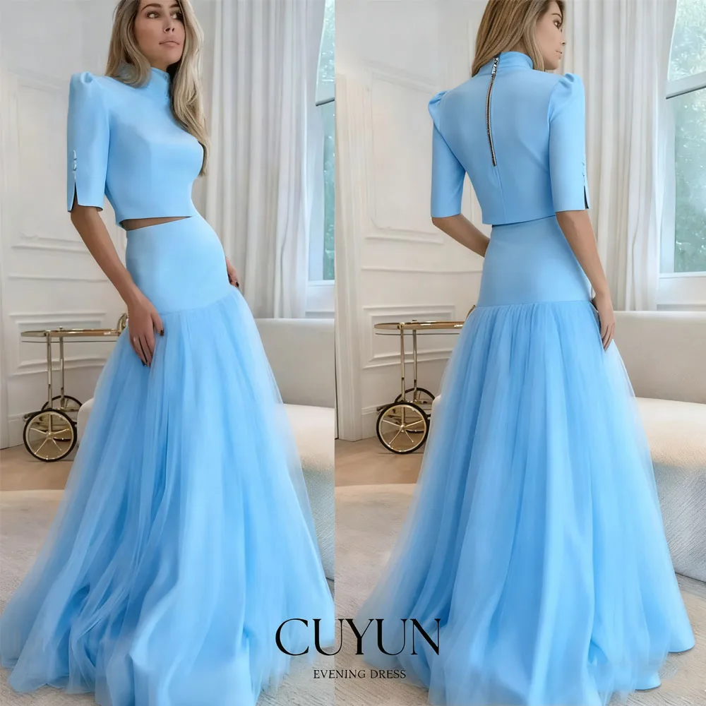 

CUYUN Blue 2 Piece Women Evening Dresses High Collar Half Sleeves Elegant Party Gown Customized A Line Formal Dress for Wedding