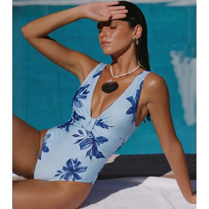 Flaxmaker Women Swimsuit And Skirt Summer Sexy V Neck Lily Printed Swimsuit Set(s) Ladies Swimwear Femme Biquini conjunto de