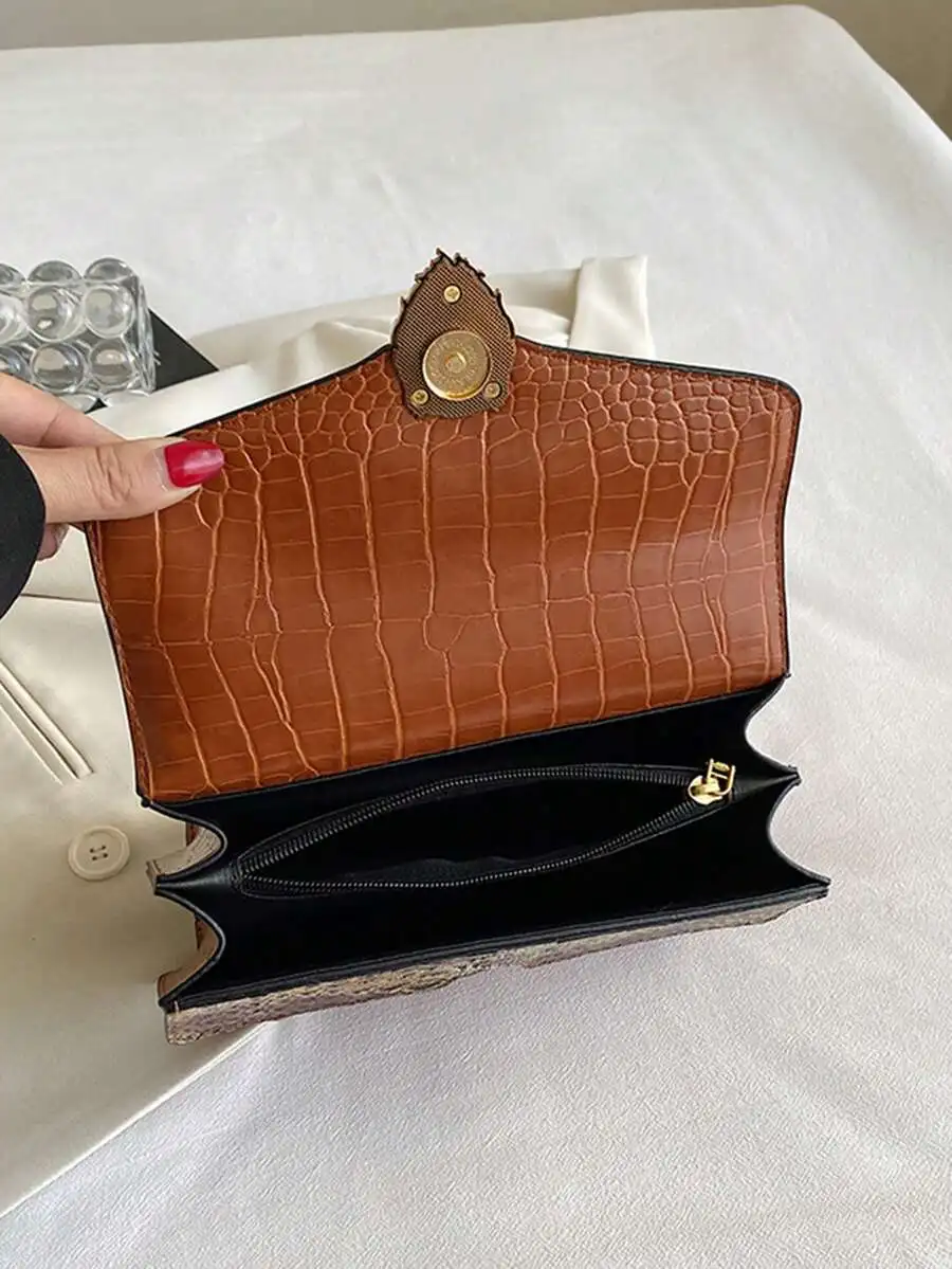 Crocodile Grain Leather Women Square Handbag Vintage Chain Crossbody Bag