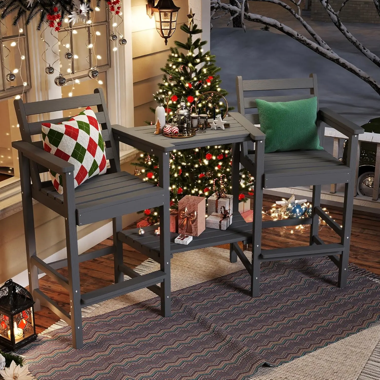 

Tall Chairs Set of 2, Bar Height HDPE Balcony Chairs with Big Connecting Trays & Umbrella Hole,, Customized