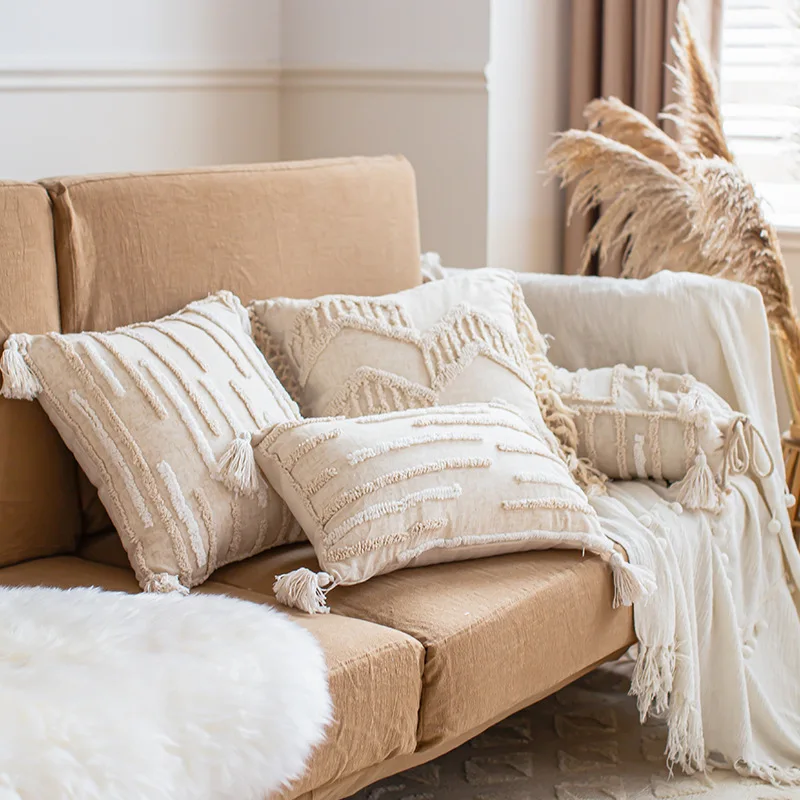 Boho Loop Tufted Pillowcase Cotton Linen Wabi-sabi Tassel Cushion Cover Candy Shaped Lumbar Pillow Cover Home Sofa Decorative
