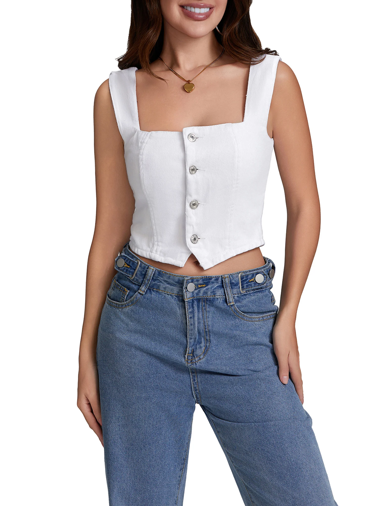 Women s Denim Tank Tops  Fit Square Neck Backless Back Shirred Sleeveless Button Down Crop Tops Y2K Streetwear