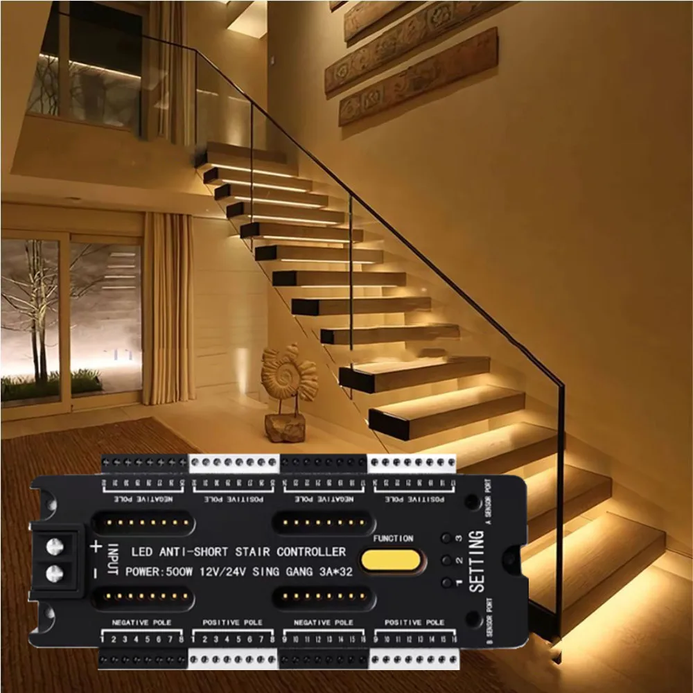 Short Circuit Protection Stair LED Strip Light Controller Smart PIR Motion Sensor Dimmer For Home Use DC12V 24V 32Channels Black