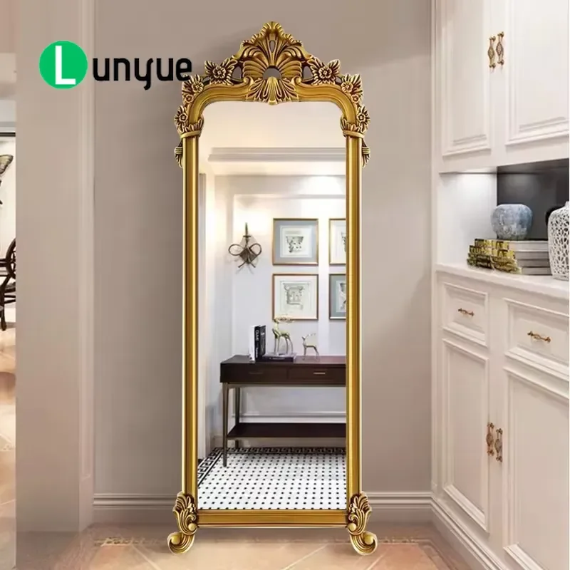 European Baroque Full Body Floor Mirror Polyurethane Frame Hand Foil Retro Standing Mirror for Home Bedroom Clothing Store