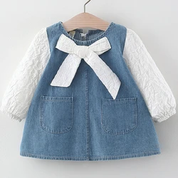 Neu im Frühling Herbst Kleinkind Mädchen Kleider koreanische Mode Bogen Langarm Denim Prinzessin Kinder Kleid Baby Kleidung Outfit bc1434