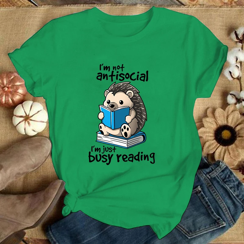 (Premium T-shirt)Hedgehog I\'M Not Antisocial I\'M Just Busy Reading Print T-Shirts For Women Summer Short Sleeve Round Neck