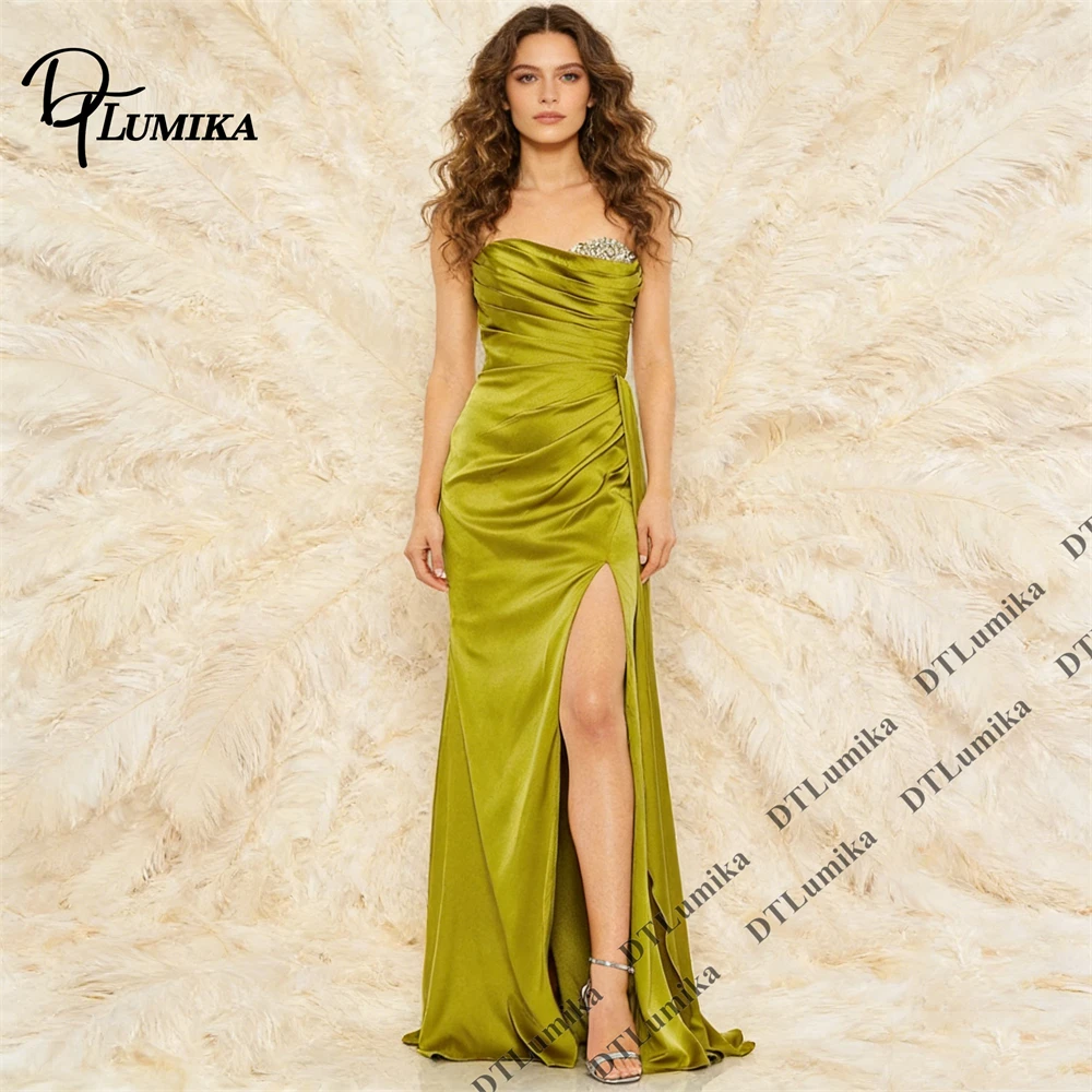 

DTLumika - Womens Strapless Satin Long Evening Dress with Crystals Details and Side Split, Customized Party Prom Gowns