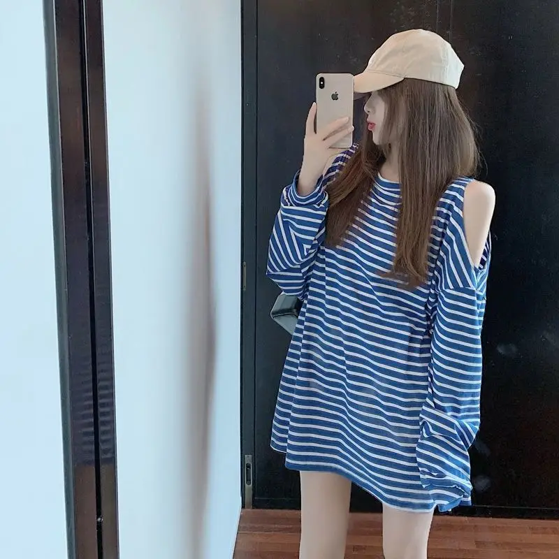 Woman T-shirt 2024 Clothing Top for Women Loose Striped Blue Simple Cheap Tshirt Stylish 90s Vintage Polyester Alt Xxl Korea Tee