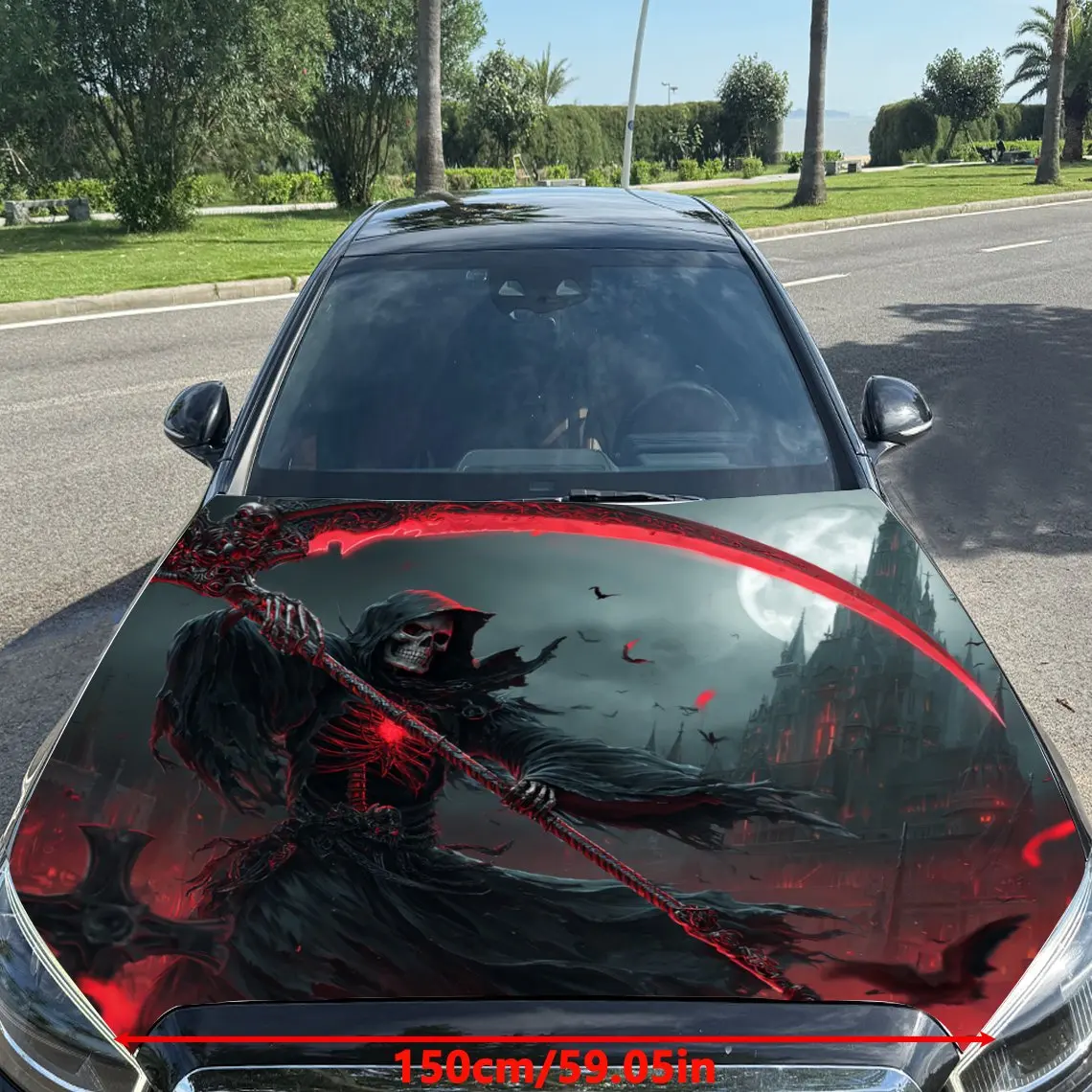 Red - Flamed Sickle - Waving Grim Reaper Print car hood stickers, waterproof self-adhesive, scratch resistant, easy to stick, du