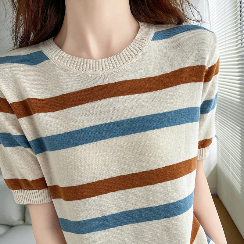 Women\'s T-Shirt Summer 100% Cotton Sweater Short Sleeve Striped Knitted Round Neck Ladies Tops Loose Blouse Pullover Tees