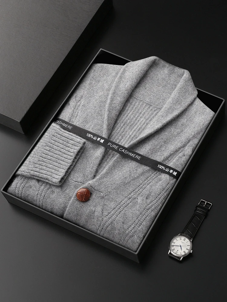 CHICUU Luxury Men's 100% Cashmere Sweater Shawl Collar Cardigan Coat Thick Comfy Cashmere Knitwear Autumn Winter Smart Casual