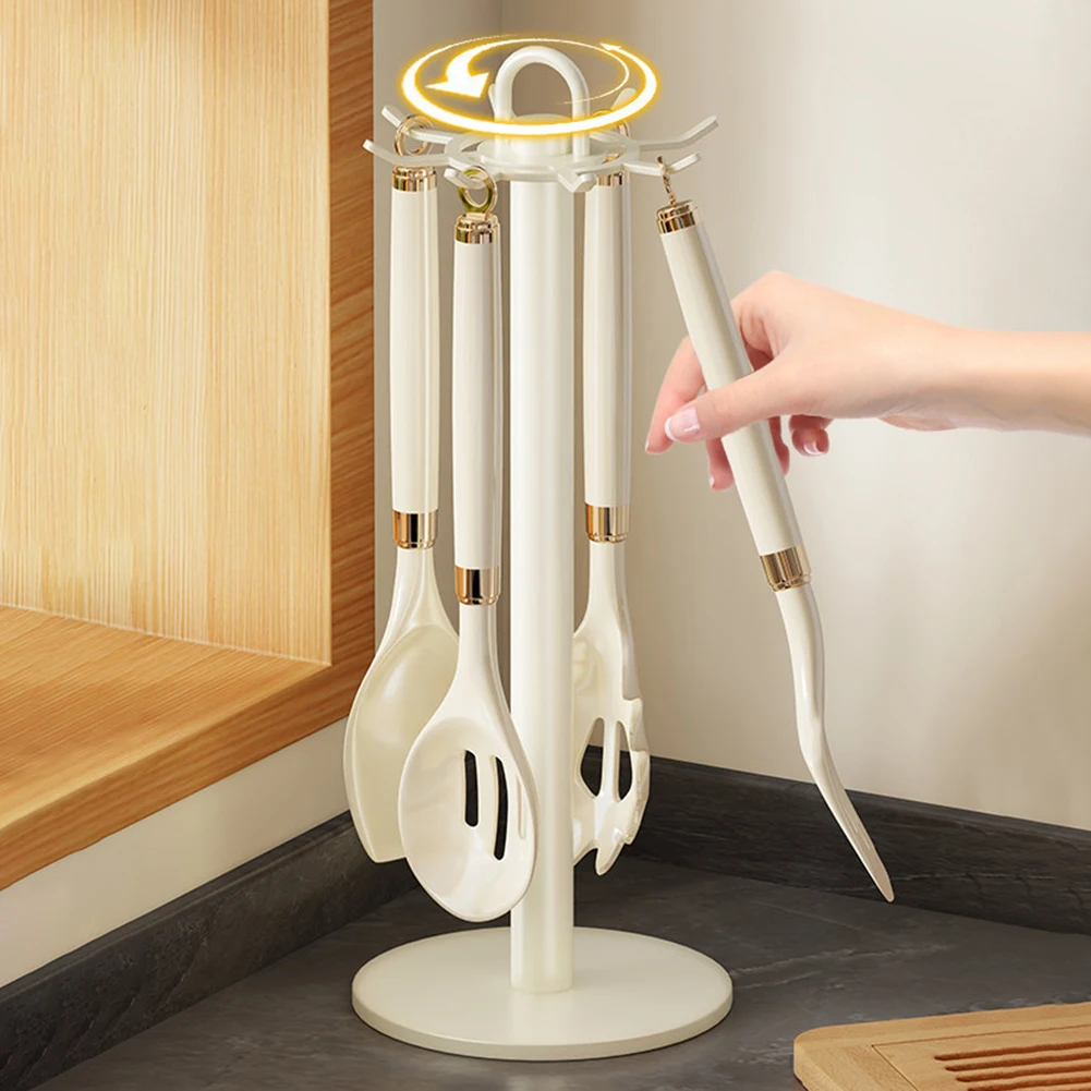 360 Degree Rotating Kitchen Utensil Rack with 8 Hooks for Spatulas Tongs Ladles Whisks and Other Cooking Tools