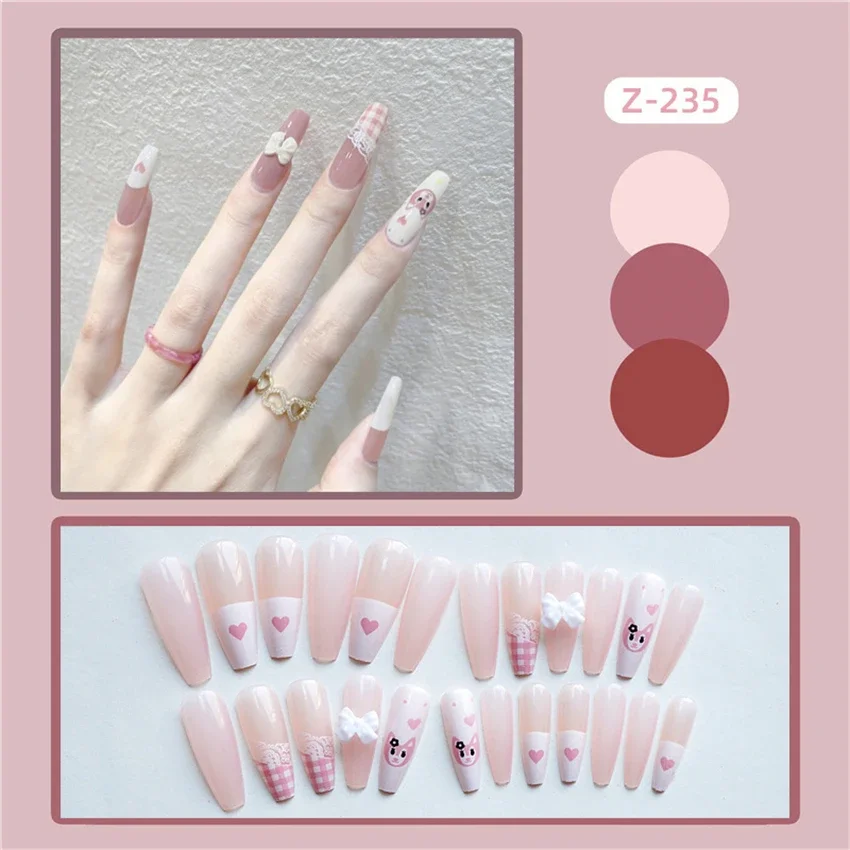 Unhas Falsas com Adesivo Removível, Usando Unhas Postiças, Pressione as Unhas, Cobertura Total, Comprimento Médio, Doce, Legal, 24Pcs, Conjunto