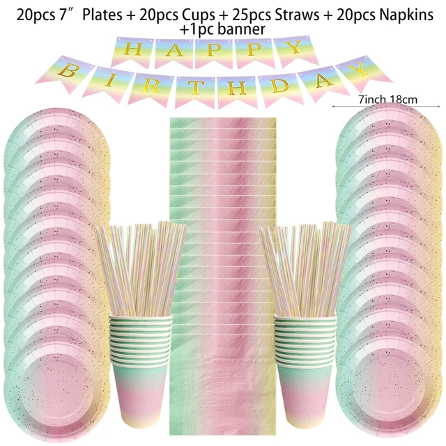 Zestaw jednorazowej zastawy stołowej w kolorze tęczy Papierowy talerz Papierowy kubek Obrus Urodziny Ślub Baby Shower Dekoracja Party Supplies