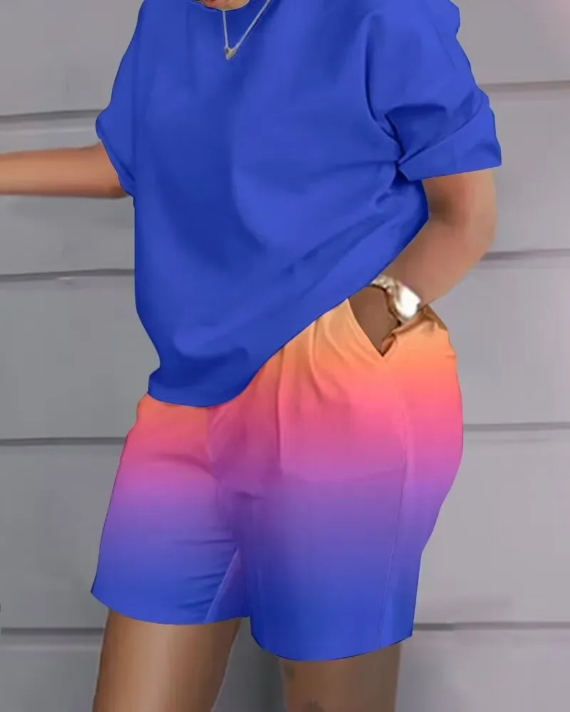 Feminino casual manga curta conjuntos de duas peças roupa feminina 2024 verão gradiente printe bolso terno feminino t camisa shorts 2 peças conjunto