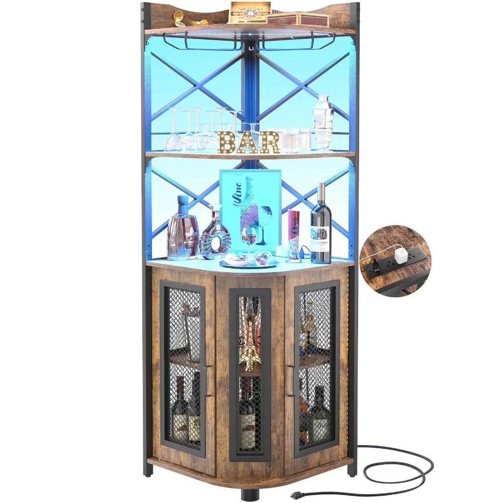 

Corner Bar Cabinet with Power Socket, Wine Cabinet with LED Light Strip and Glass Rack, Home Five-layer Wine Cabinet