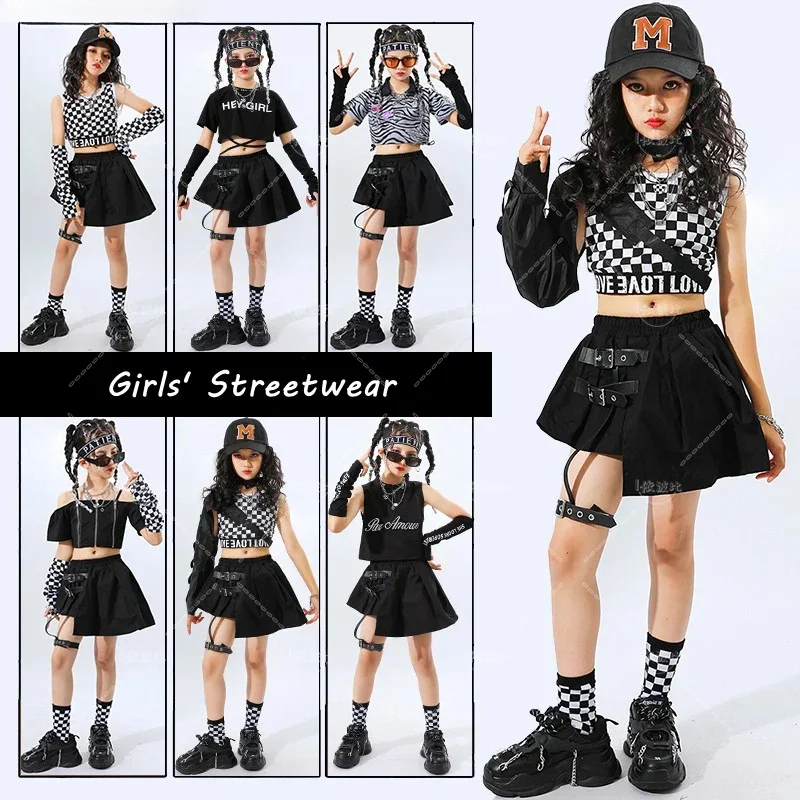 Girls Hip Hop Plaid Crop Top Strap Skirts Child Streetwear Cool Goth Clothes Sets Street Dance T-shirt Kids Summer Jazz Costumes