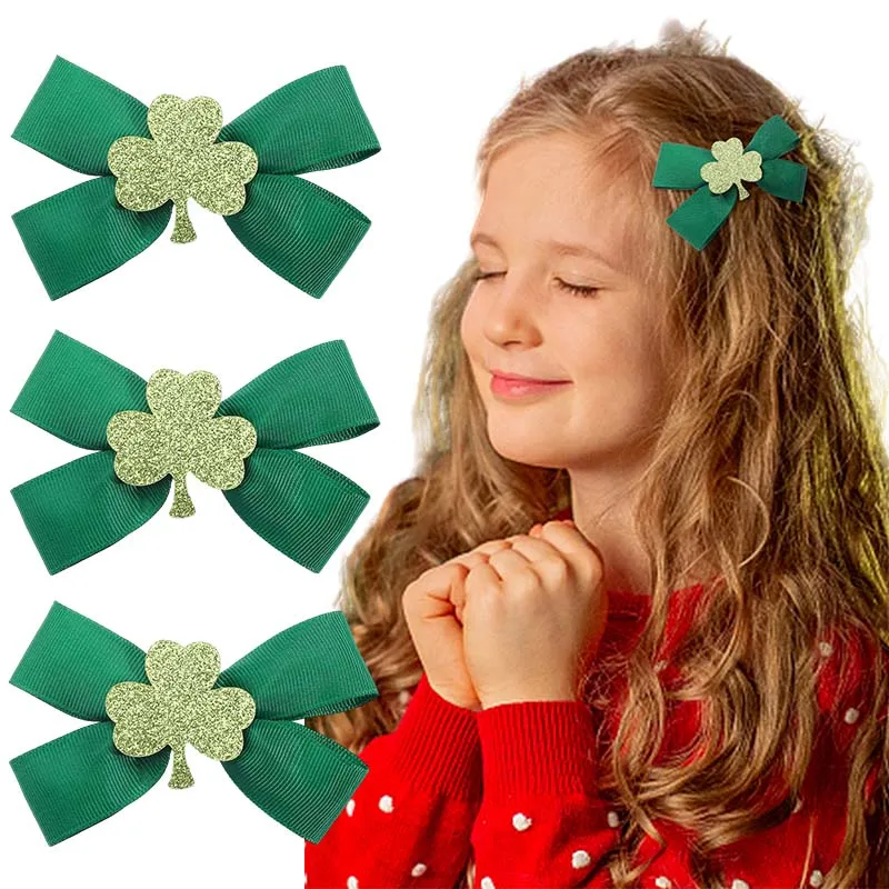 ncmama 2Pcs/set St. Patrick's Day Hair Bow Clips for Baby Girls Cute Glitter Clover Hairpins Barrettes Kids Headwear Accessories