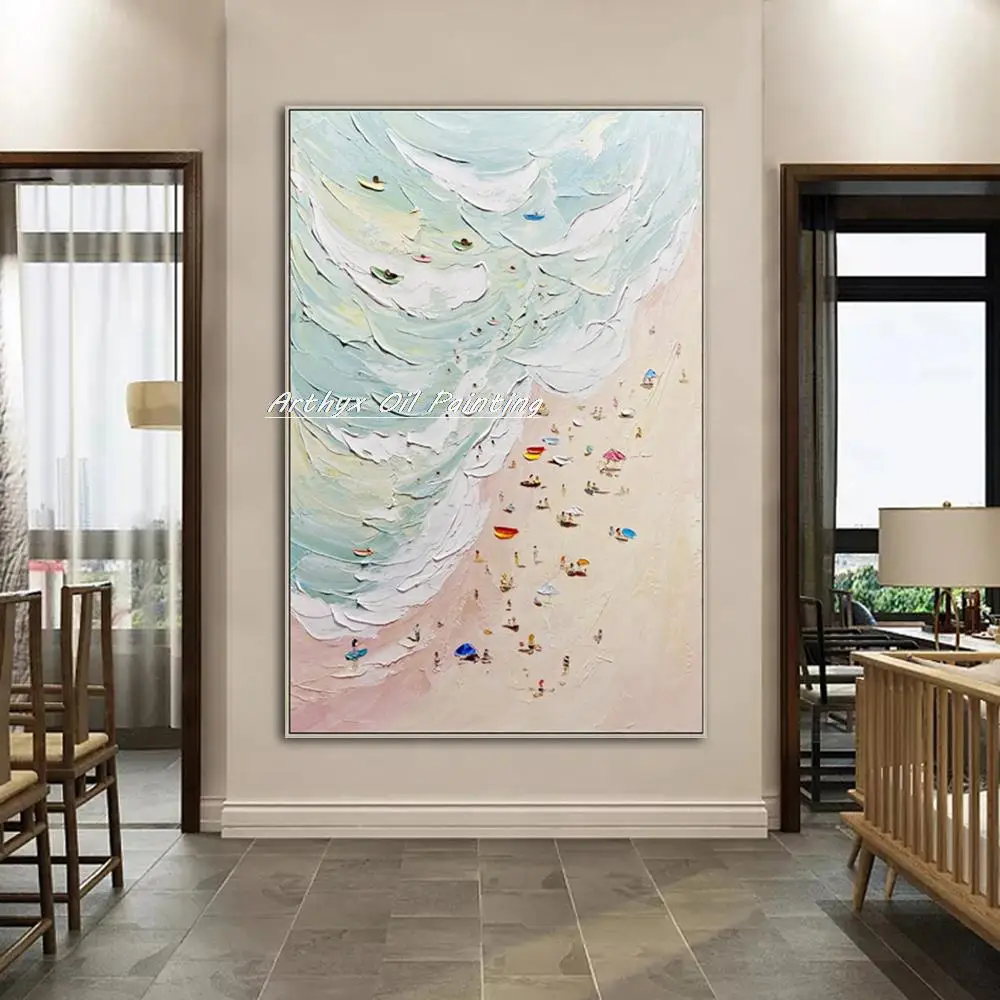 Arthyx Handmade Palette Knife Abstract Seaside Scenery Oil Painting On Canvas,Modern Home Decor Wall Art,Picture For Living Room