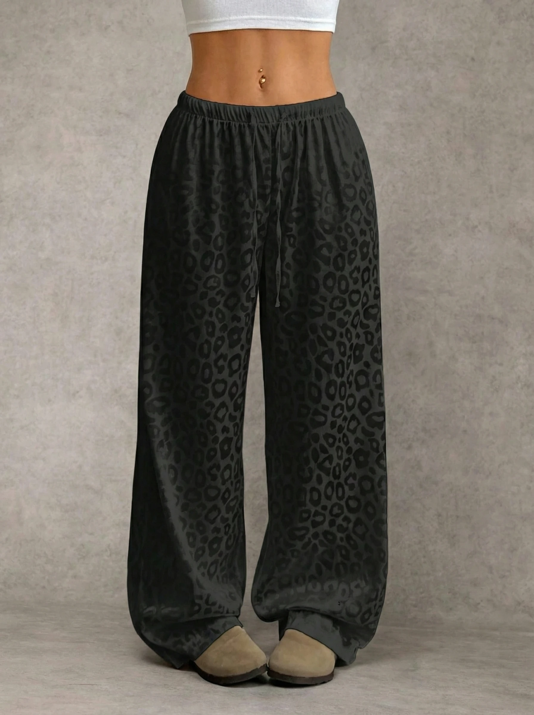 Women's Drawstring Elastic Waist Dark Leopard Print Wide Leg Pants Draped Loose Casual Floor-Length Trousers