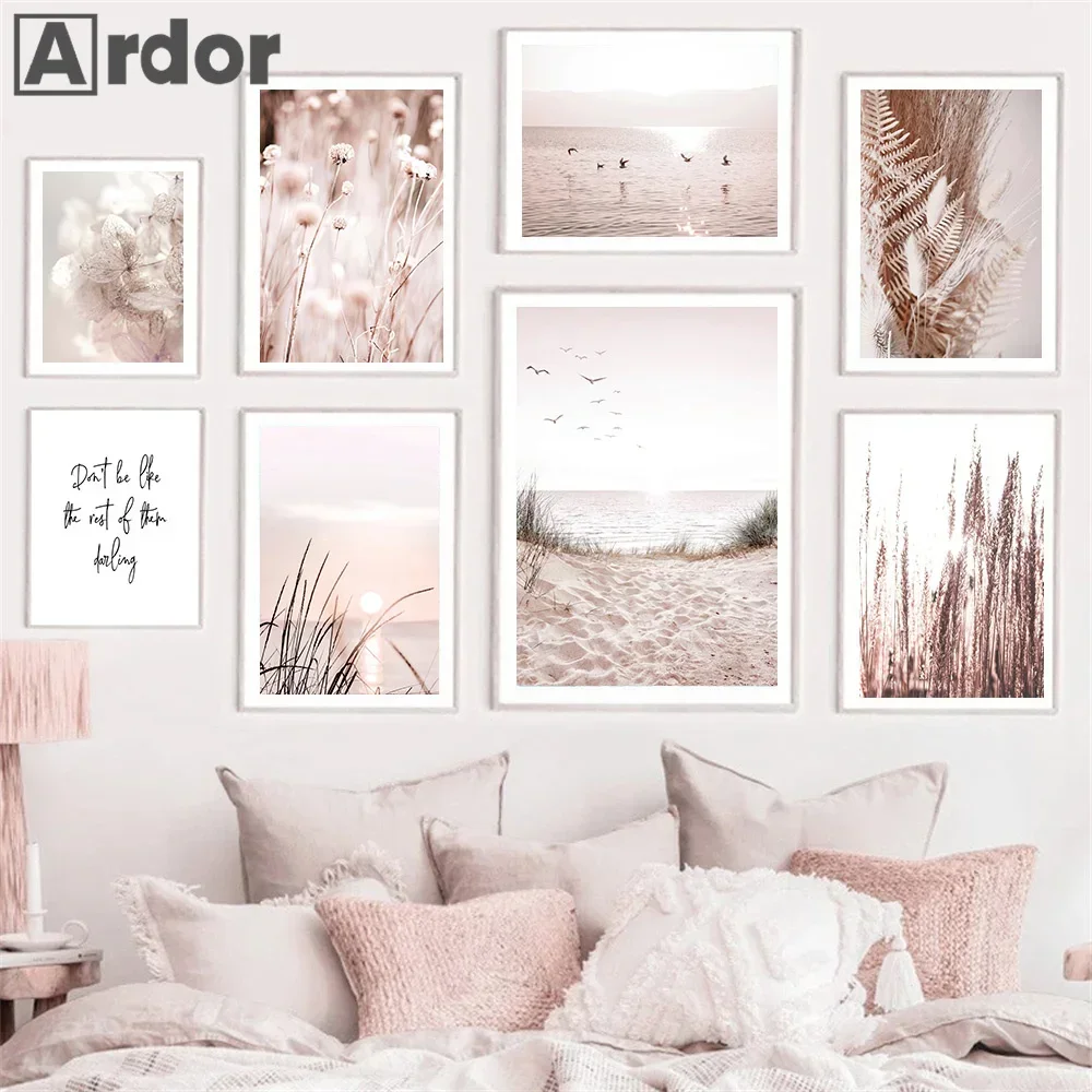 Beige Pink Landscape Posters Plants Grass Reed Wall Art Canvas Painting Beach Print Sunset Bird Picture Modern Living Room Decor
