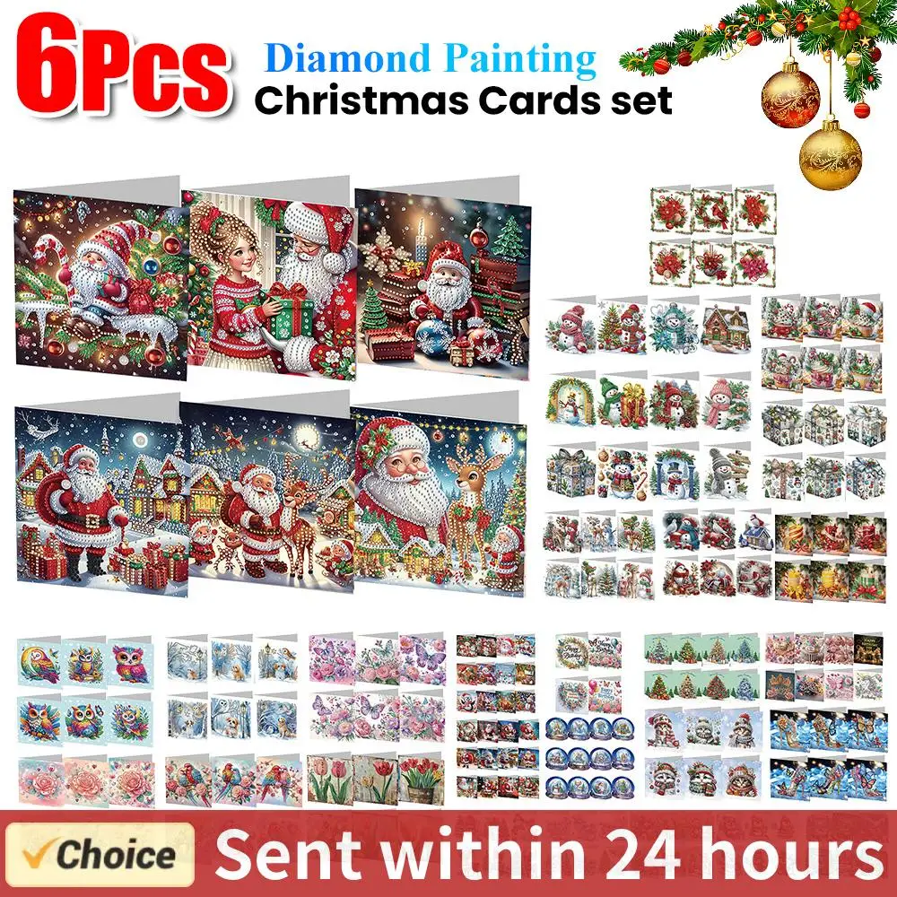 6 Stück diamantbemalte Grußkarten zum Selbermachen, Strass-Malerei, Mosaik-Postkarten, Kunsthandwerk, Dankeskarte, Weihnachts- und Geburtstagsgeschenke