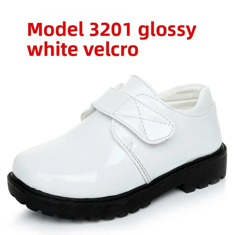 Children Leather Antiskid Shoes White School Casual Performance Etiquette Round Leather Shoes Boys Black Patch Lace Up Shoes