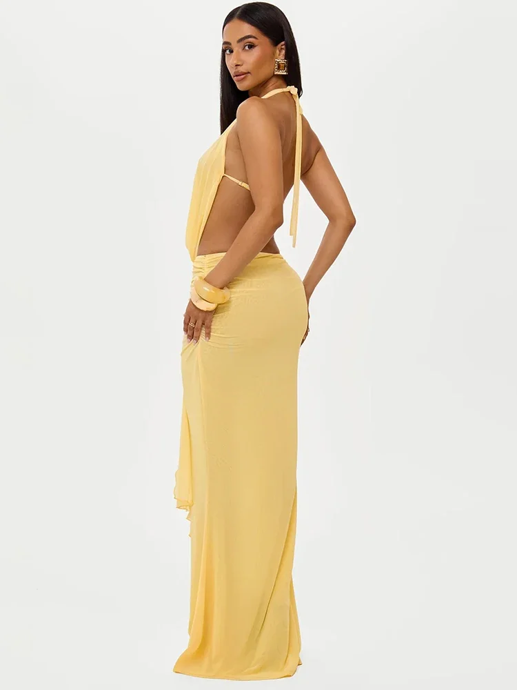 Sexy Dress Set Women Halter Crop Top And Maxi Skirt Matching Sets Female Elegant Beach Club Party Skirt Two Piece Set image 3