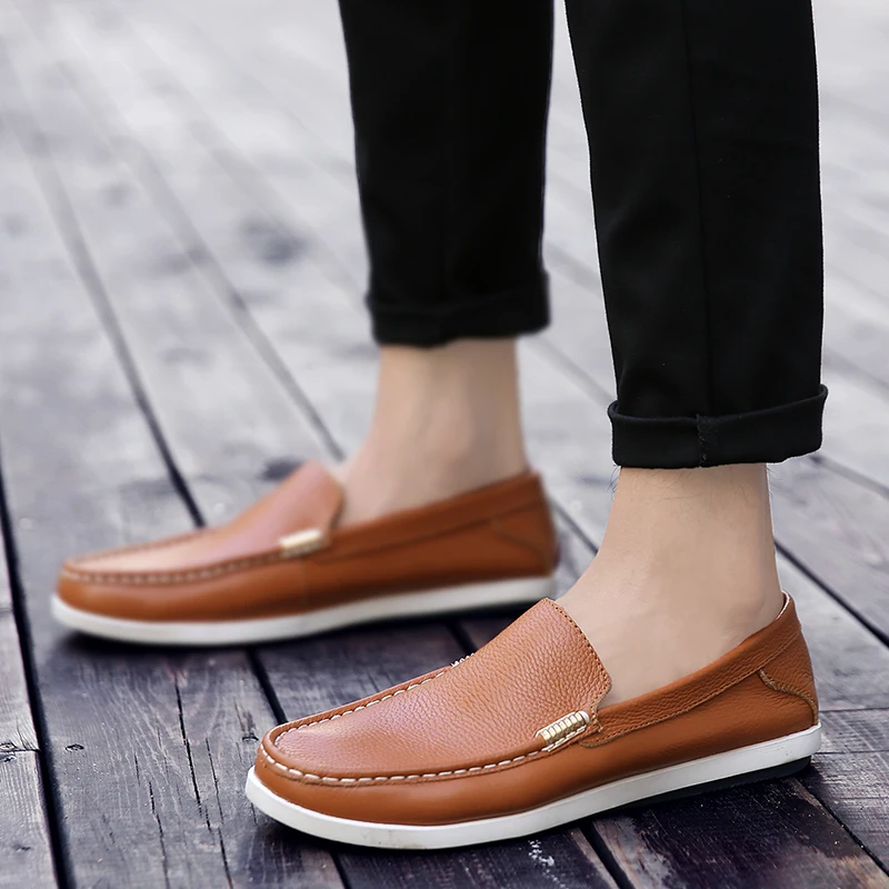 Mocassins en cuir véritable pour hommes, chaussures plates décontractées, chaussures de bateau à enfiler, chaussures confortables pour hommes