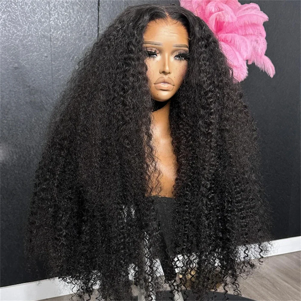 Glueless 26”Long Soft Natural Black 180 Density Kinky Curly Lace Front Wig For Women With Baby Hair Synthetic Preplucked Daily