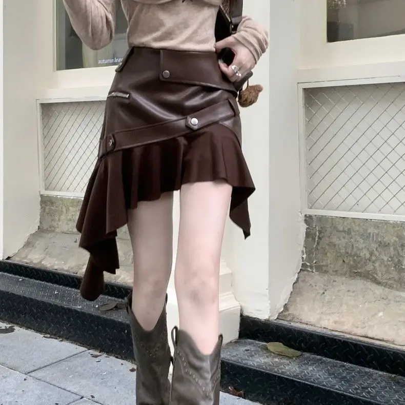 Gaganight Wasteland Retro Coffee Color PU American Skirt 2024 Autumn New Skirts Irregular Lotus Leaf Spice Girl Short Bottoms