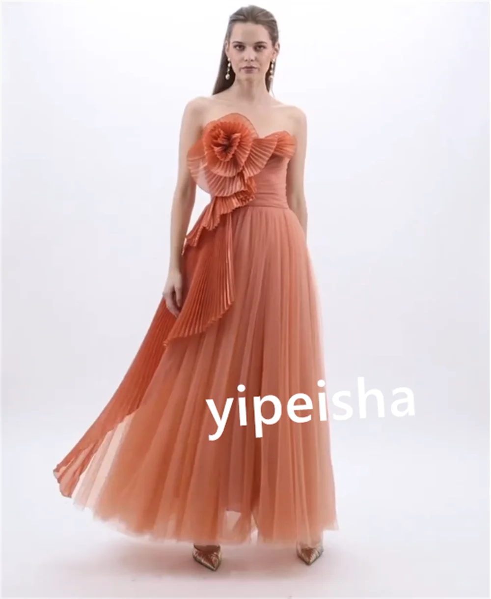 Matching Tulle Flower Pleat A-line Strapless Midi Dresses Homecoming Dresses Pastrol Modern Style Exquisite Classic Simple