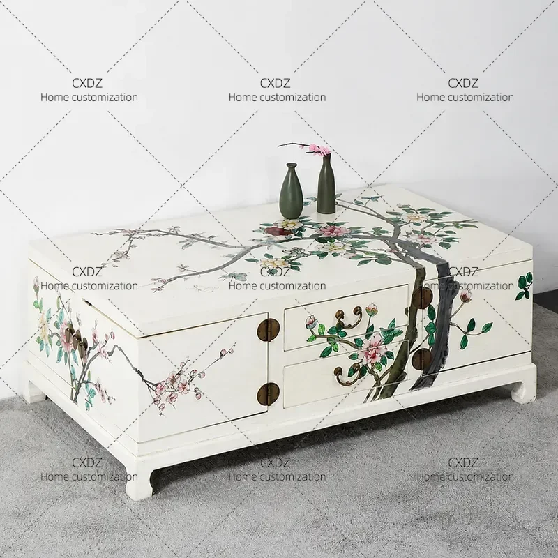 White Retro Coffee Table Chinese Antique Style Hand Painted Tea Table Simple Design Large Storage Centerpiece for Living Room