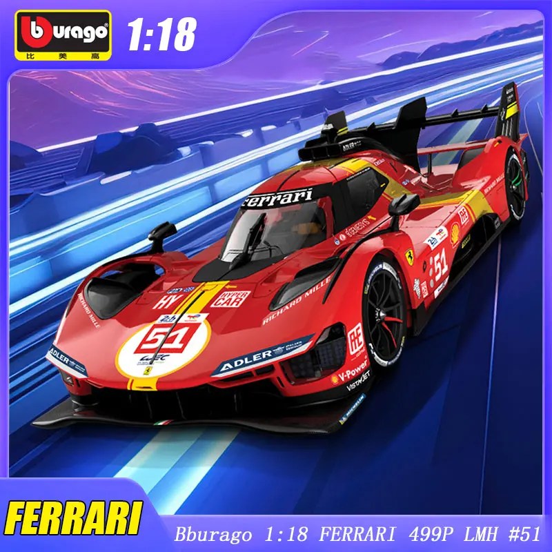 

1:18 Bburago Ferrari 499P Le Mans LMH #51 Model Car Toy Racing Rally Champion Alloy Luxury Vehicle Fans Collection Wec Display