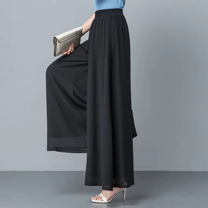 

New Korean Fashion Chiffon Wide Leg Trouser Women's Straight Casual Pants Loose Skirt Pants Vintage Female Solid Color Wild