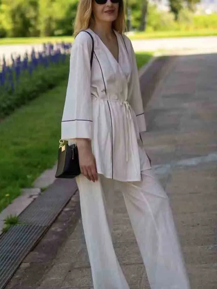 

Модная повседневная белая рубашка для женщин, элегантная шикарная свободная блузка-кимоно с v-образным вырезом на шнуровке, 2025 г., новые летние офисные женские простые рубашки