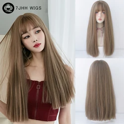 Synthetic Layered Flat Cut Brown Wig for Women Daily Use High Density Long Straight Honey Blonde Hair Wigs with Neat Bangs