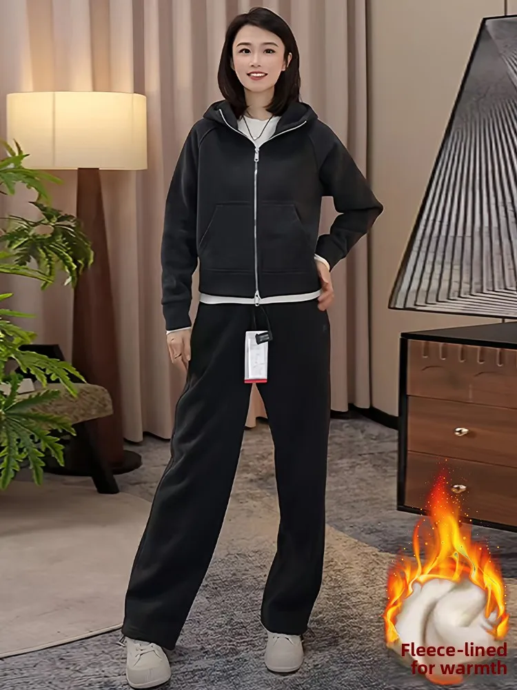

Warm Hooded Jaet High Waist Wide Leg Pants Two Piece Set Casual Sle Women's Winter Faion Outerwear Ensemble