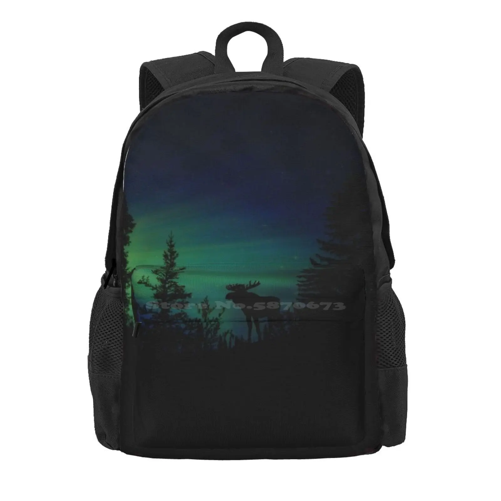 Moose With Northern Lights Hot Sale Schoolbag Backpack Fashion Bags Aurora Borealis Northern Lights Moose Silhouette Home Décor