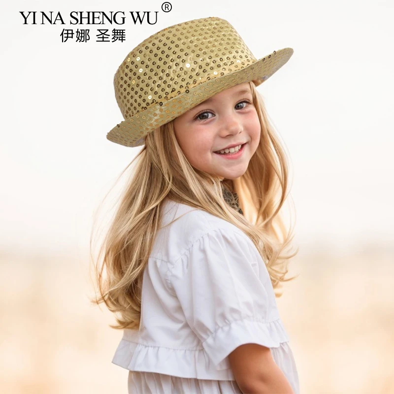 Chapeau à paillettes de danse jazz pour enfants, performance sur scène, accessoires de costume, hip hop, danse de rue, chapeaux à perles brillants Chang, garçons et filles
